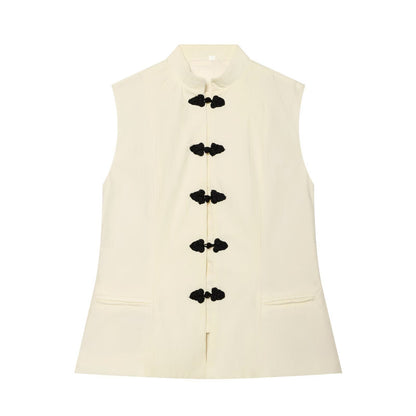 Buckled sleeveless standing collar vest