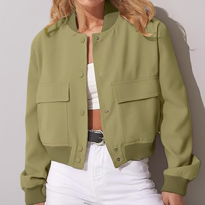 Veste de mode à col montant avec grandes poches décontractée ample courte vêtement d'extérieur haut manteau pour femmes
