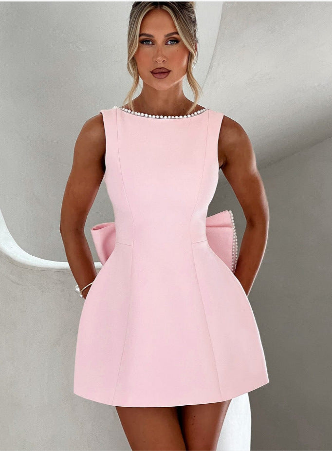 Big-Bowed Pearls Backless Dress