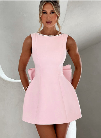 Big-Bowed Pearls Backless Dress