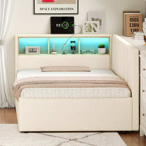 3ft Single Daybed With Two Storage Drawers, LED Modern Bed Frame With Charging Station, Linen Sofa Bed For Living Room Bedroom Study Room, 90X190cm, Easy Assembly, Beige