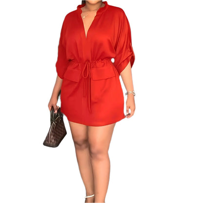 Casual Solid Drawstring Waist V Neck Rollable Sleeve Dress, Women's Clothing