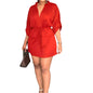Casual Solid Drawstring Waist V Neck Rollable Sleeve Dress, Women's Clothing
