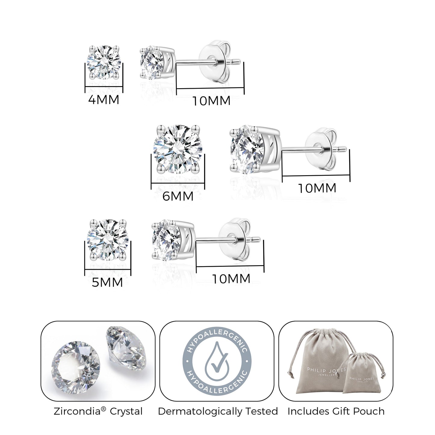Three Pack of Silver Plated 4mm, 5mm & 6mm Earrings Created with Zircondia® Crystals