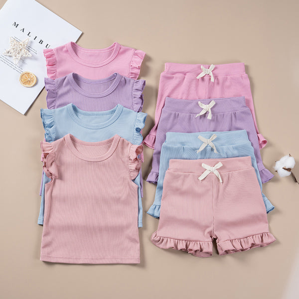 Girls' Solid-Colored Short-Sleeve Shorts Set