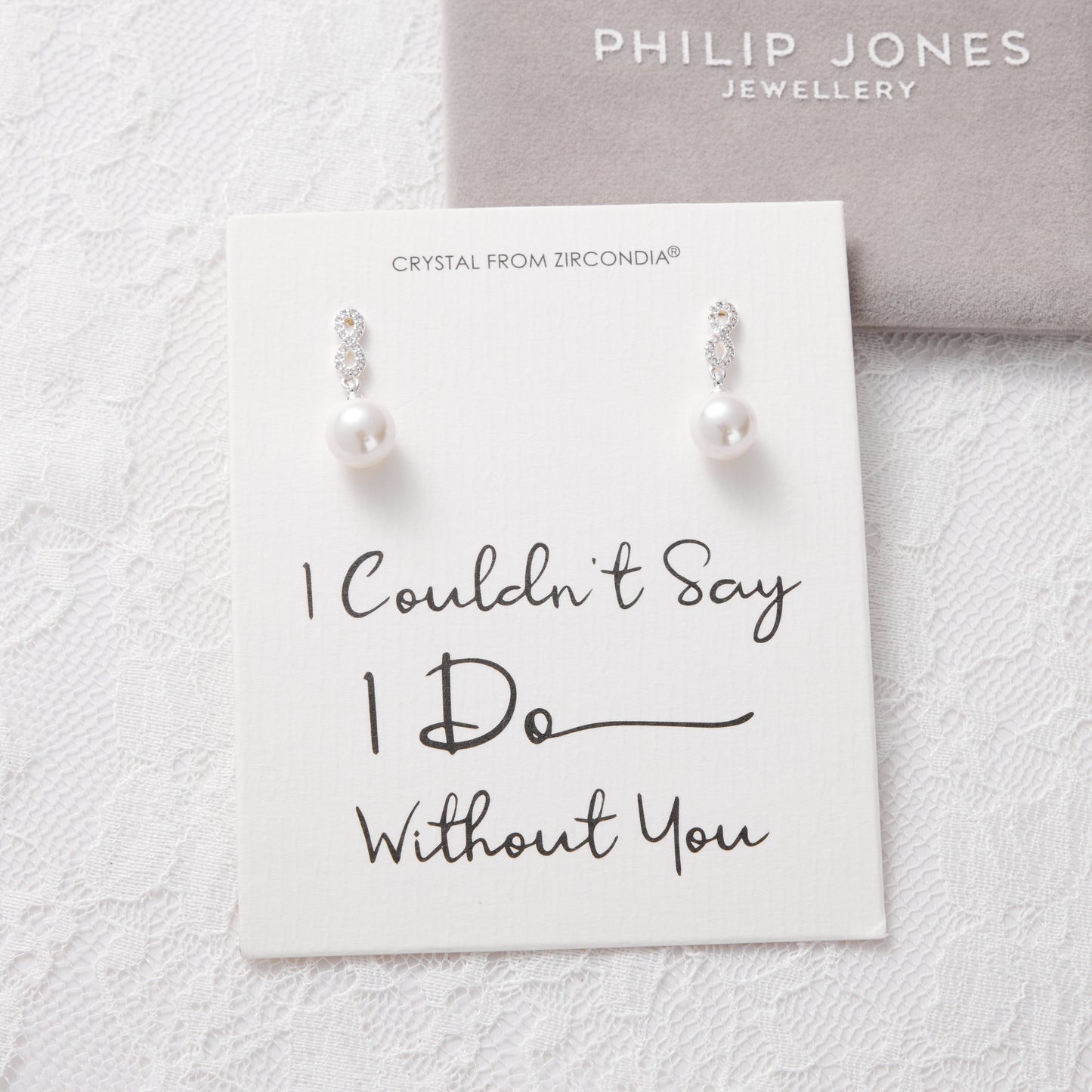 Silver Plated I Couldn't Say I Do Without You Infinity Pearl Drop Bridal Earrings with Zircondia® Crystals