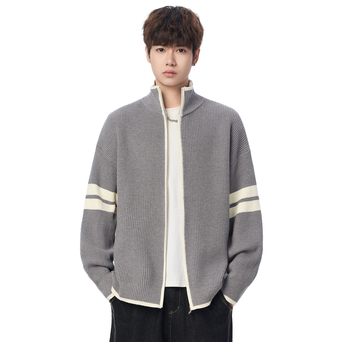 Minimalist Double Stripe Relaxed Fit Zipper Knit Cardigan
