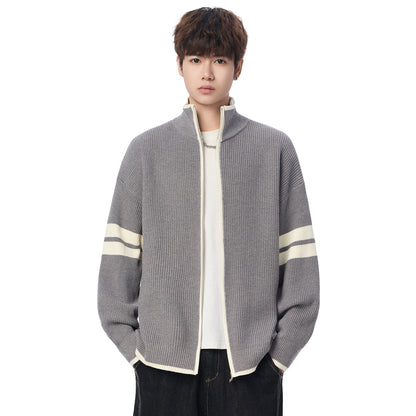 Minimalist Double Stripe Relaxed Fit Zipper Knit Cardigan