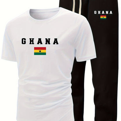 Men's Summer Casual Two-Piece Set, Men's Ghanian Print Short Sleeve T-Shirt with Comfortable Long Pants Fashion Outfit