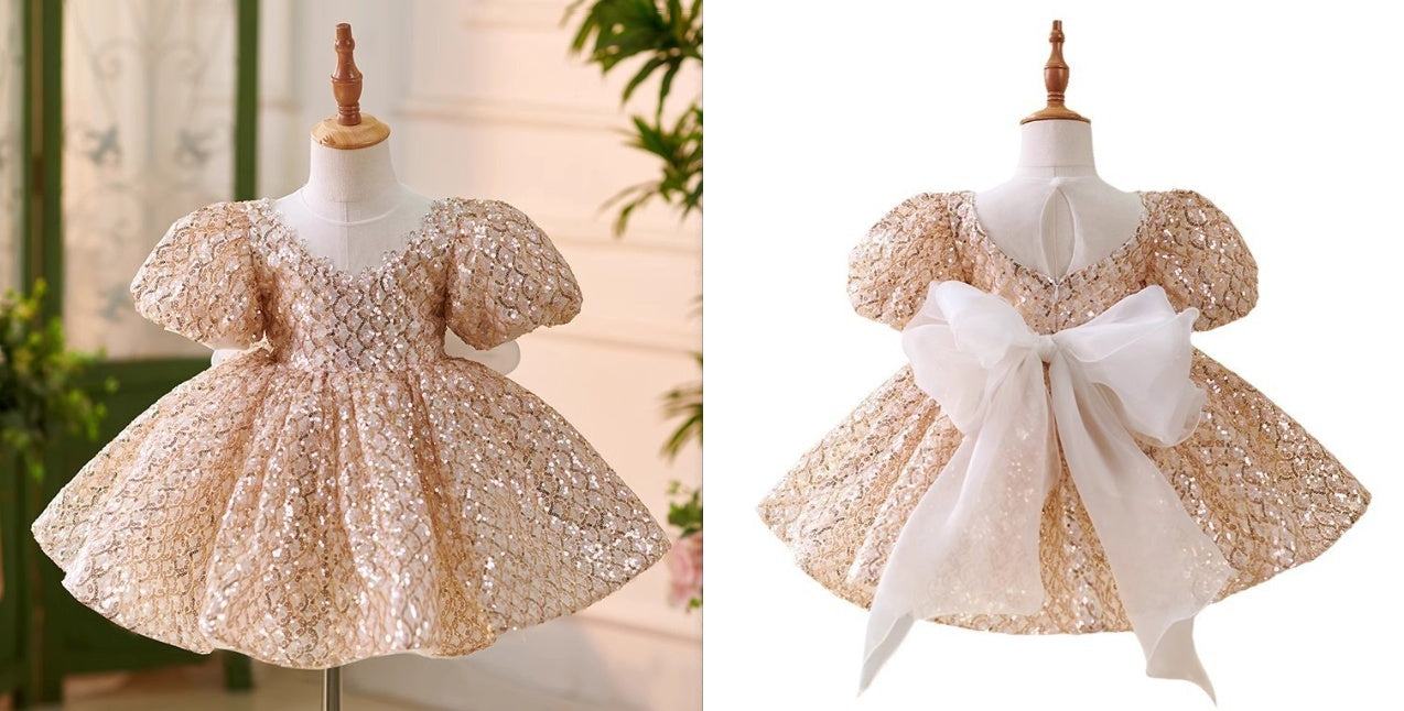 Golden Sequined Puff Sleeve Princess Dress