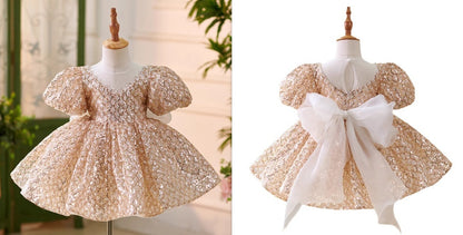 Golden Sequined Puff Sleeve Princess Dress