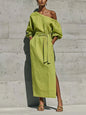 Fashionable Elegant Loose Linen Off-Shoulder Side Slit Dress with Belt