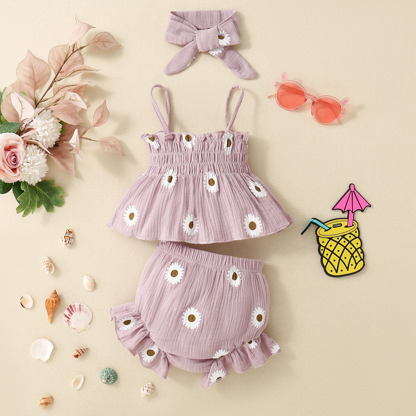 Infant Sunken Stripe Suspender Skirt Shorts Headscarf Three-piece Set