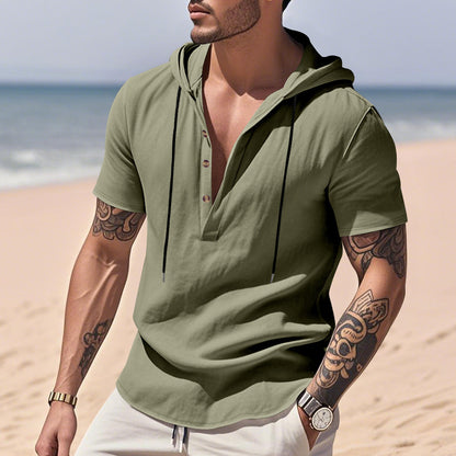 Men's Linen Hooded Henley Shirt - Breathable Short Sleeve