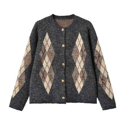 Round neck diamond cardigan sweater