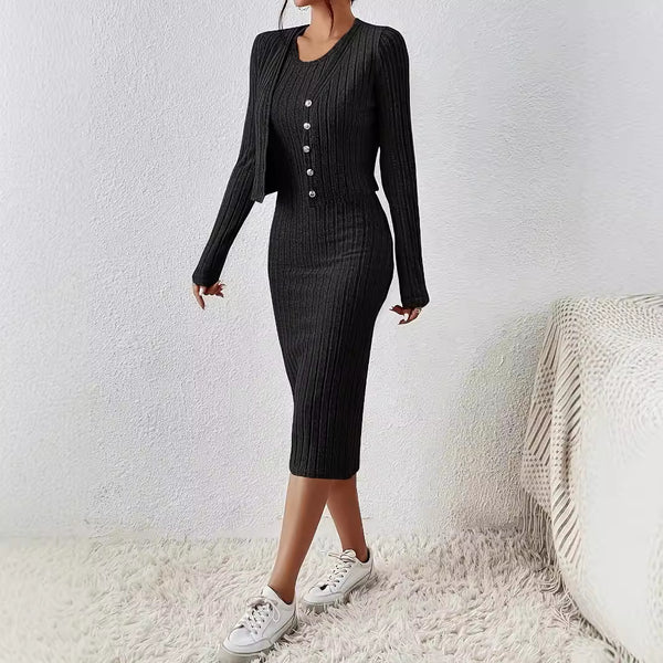 Front Button Cropped Top And Slim Fit Dress
