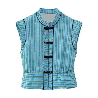 Single row buckle trimmed striped cotton vest for women