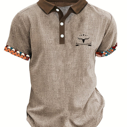 Chemise décontractée à manches courtes pour homme avec imprimé tête de taureau numérique 3D, détails boutonnés, col à revers - Vêtement de mode d'extérieur
