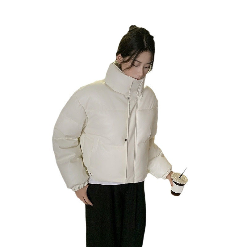 Women Winter PU Leather Short Stand Collar Puffer