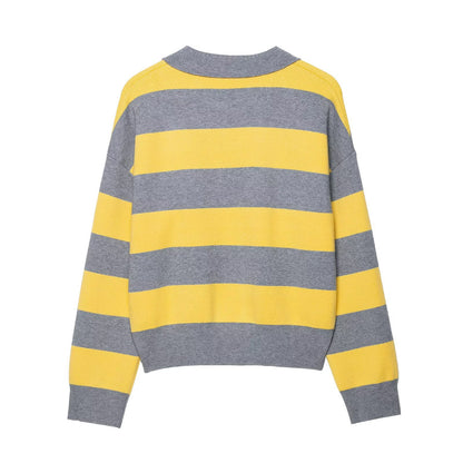 Striped polo shirt collar knit sweater