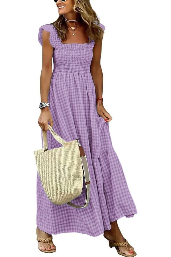 Womens Plaid Print Pleated Ruffle Dress