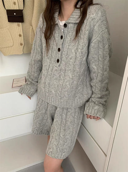 Collar pullover sweater high waisted shorts set for women