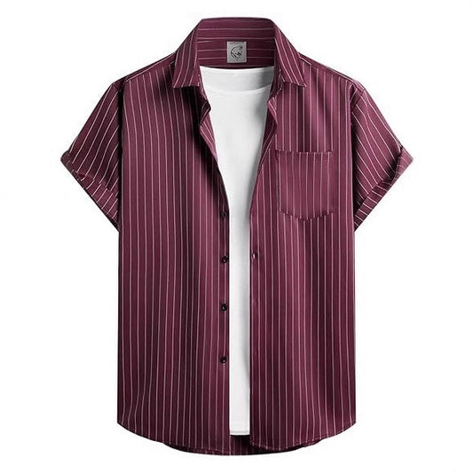 Striped And Solid-color Short-sleeve Shirt-cardigan