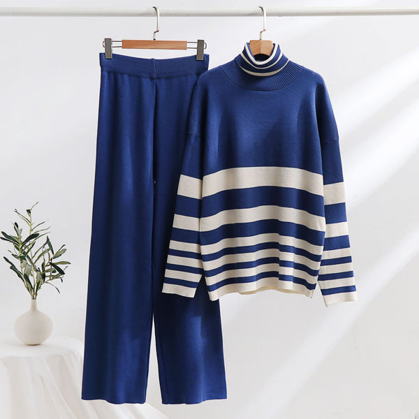 knitted sweater, high waist loose wide leg pants set,