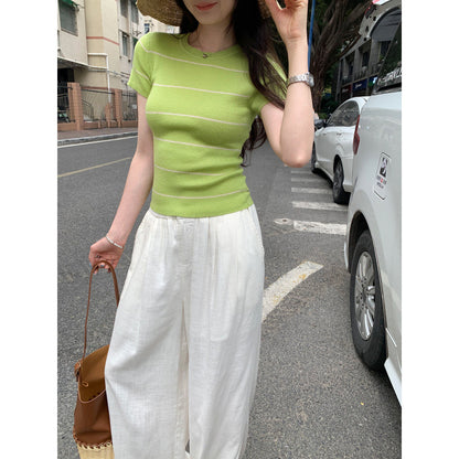 Green Stripe Regular Sleeve Fitted Wool Knit