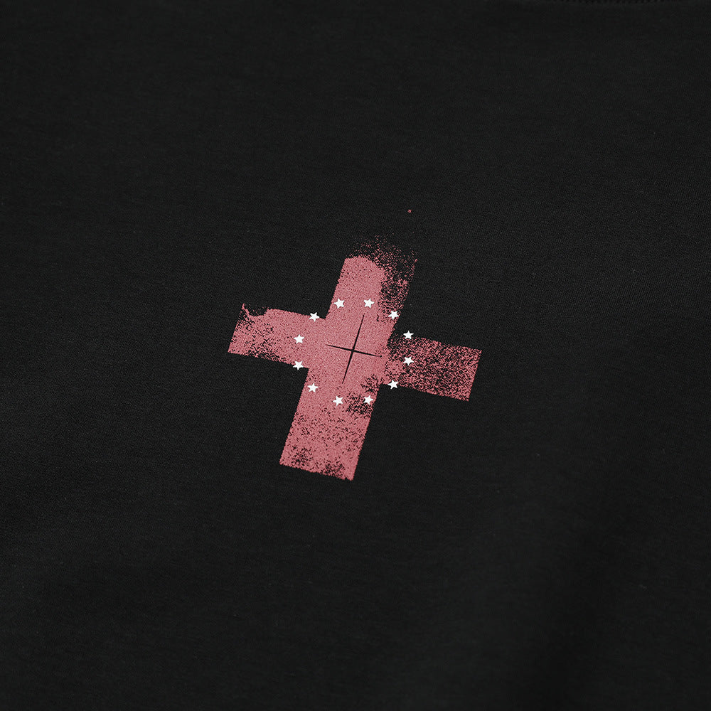 Sweat à capuche col rond à imprimé croix, manches longues, ample, streetwear décontracté