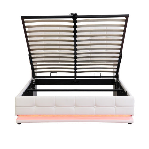 Ottoman Double Bed With LED Lighting, PU Leather Upholstered Bed With Hydraulic Storage, 4ft6 Double Bed Frame With Adjustable Button Tufted Headboard, Cream White No Mattress