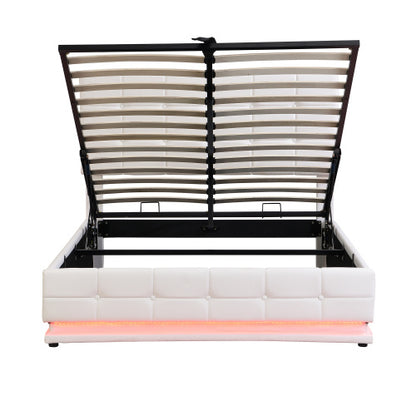 Ottoman Double Bed With LED Lighting, PU Leather Upholstered Bed With Hydraulic Storage, 4ft6 Double Bed Frame With Adjustable Button Tufted Headboard, Cream White No Mattress