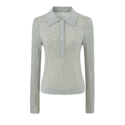 Women's Ribbed Polo-Collar Knit Top