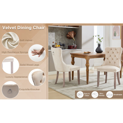 Modern Set Of 2 Upholstered Velvet Dining Chairs, Button Tufted Kitchen Lounge Chairs With Brushed Wood Legs, Riveted Trim And Knocker Ring, For Dining Room Living Room