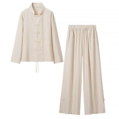 Cotton and linen long sleeved shirt+wide leg pants set