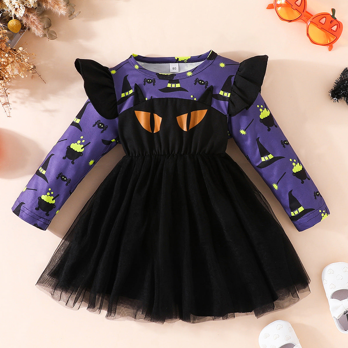Halloween Girls' Bat Print Dress Long Sleeve Tulle Princess Dress Party Performance Outfit