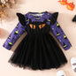 Halloween Girls' Bat Print Dress Long Sleeve Tulle Princess Dress Party Performance Outfit