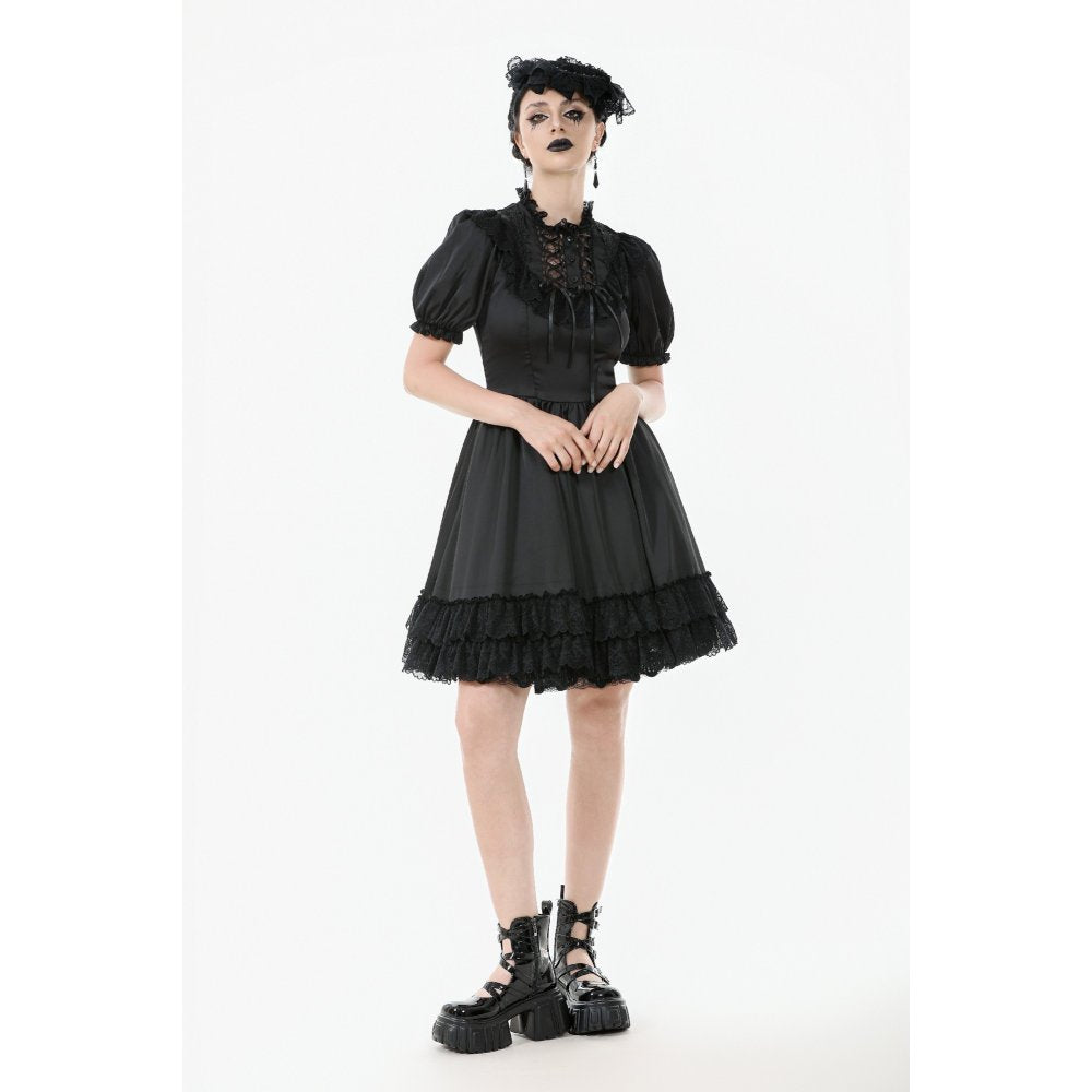 Robe Gothique Noire Dark in Love Belladonna à Manches Bouffantes et Col Montant Lacé