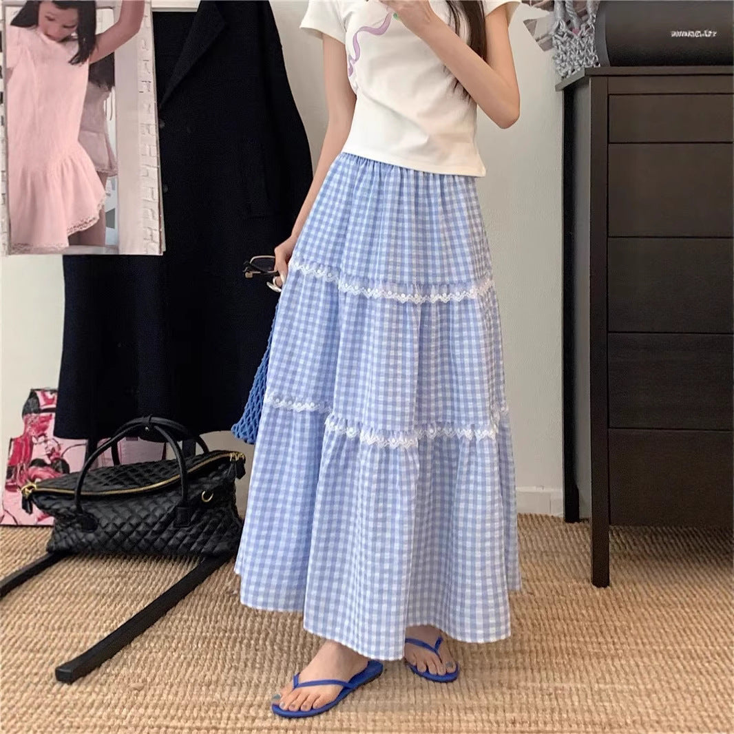 Fresh And Sweet Blue Plaid Cake Skirt