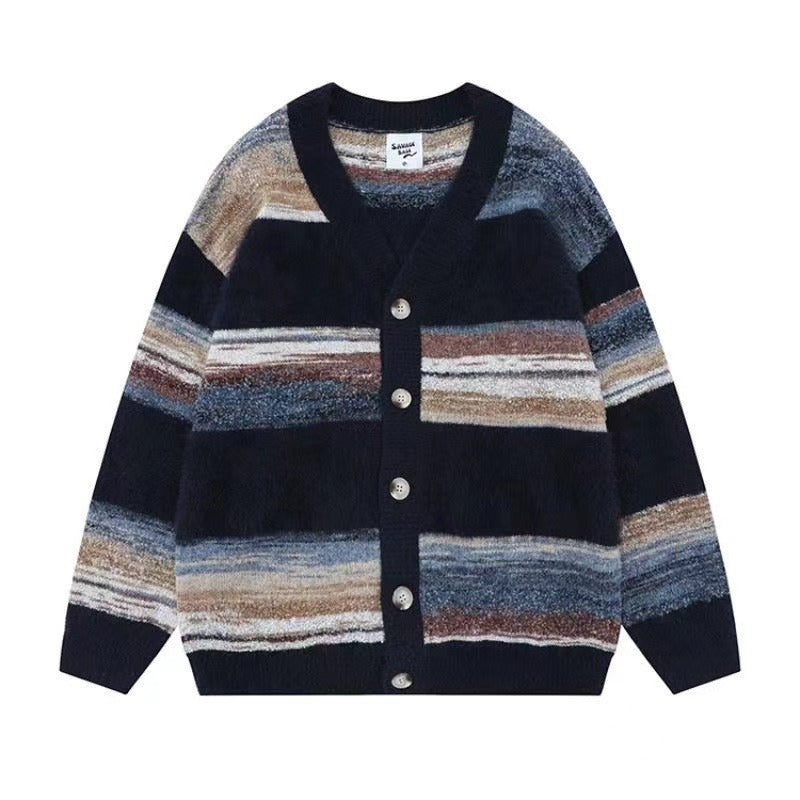 Men's Vintage Striped V-Neck Open Front Knit Cardigan