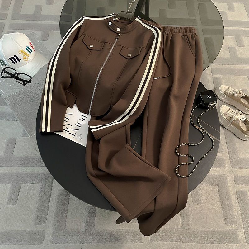 Hoodie with Zipper Jacket and Wide-Leg Pants Two-Piece Set
