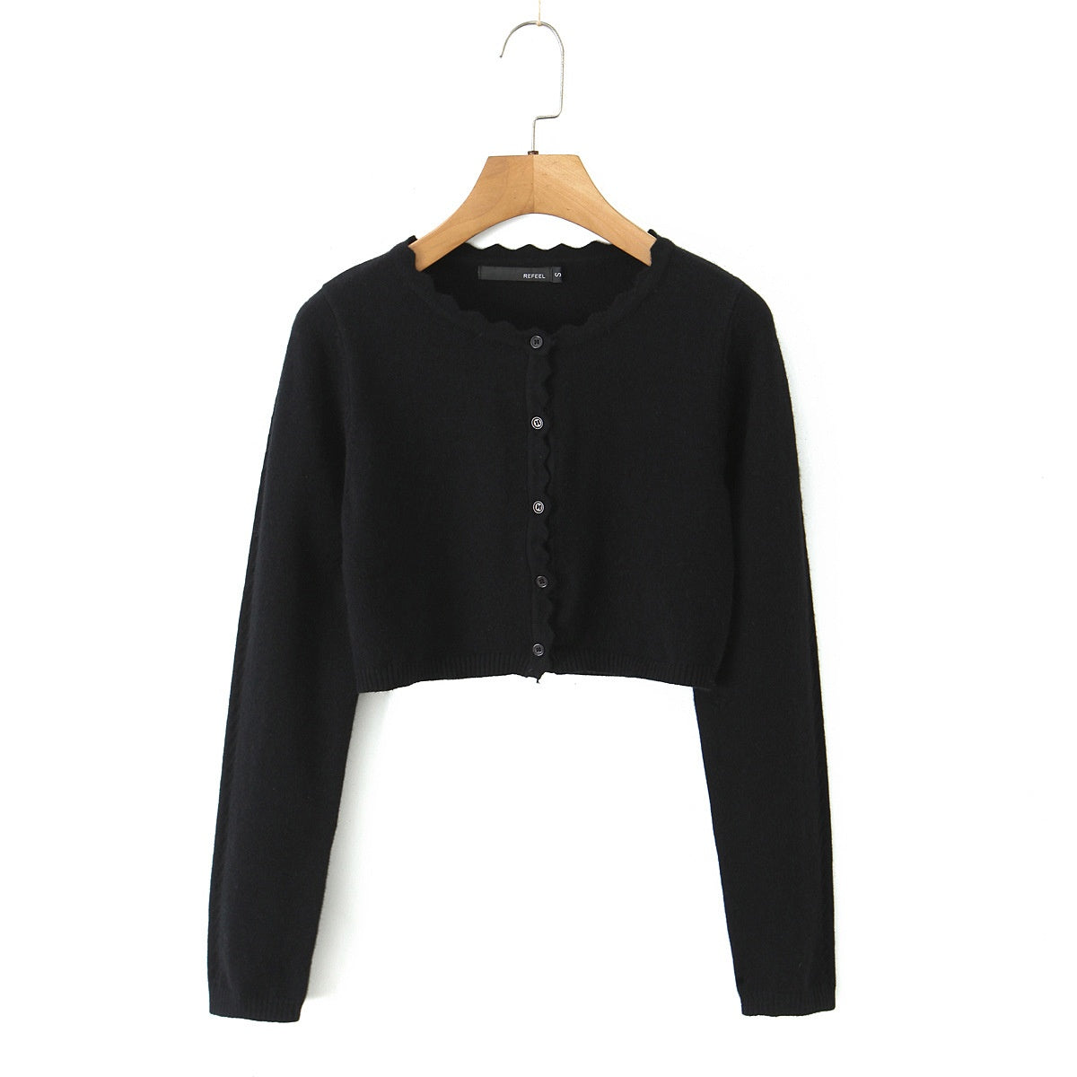 Round neck wavy lace long sleeved cardigan casual knit sweater
