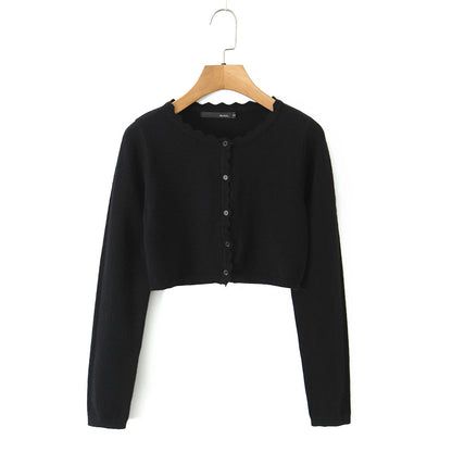 Round neck wavy lace long sleeved cardigan casual knit sweater