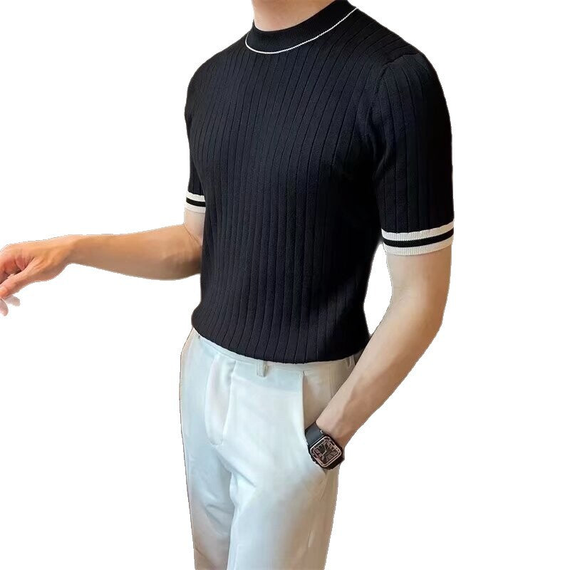 Solid color round neck short sleeved knitted shirt for men