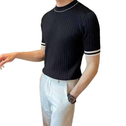 Solid color round neck short sleeved knitted shirt for men