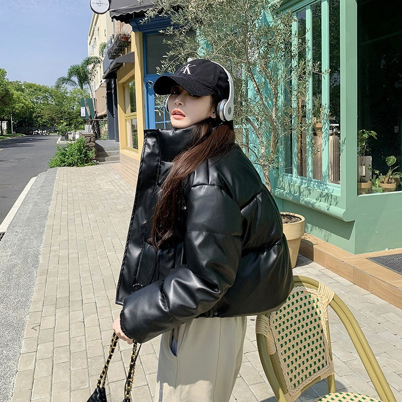 Women Winter PU Leather Short Stand Collar Puffer