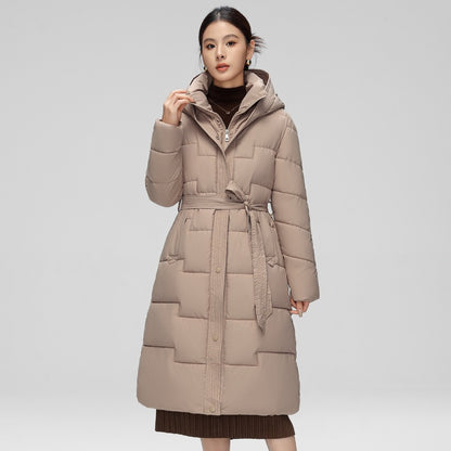 Women's  Wave Stitching Padded Jacket Hooded Mid-length Over-knee Coat