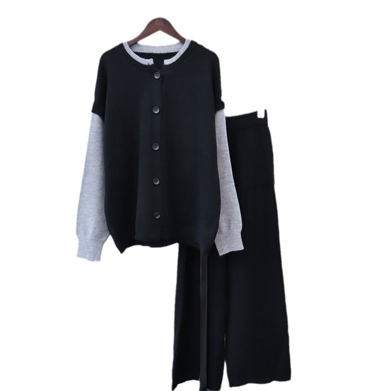 Detachable sleeve knitted cardigan, woolen pants, loose contrasting sweater set