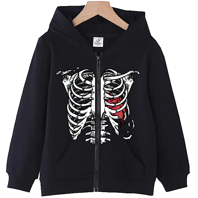 Ribbed Heart Print Zip-Up Casual Loose hoodies