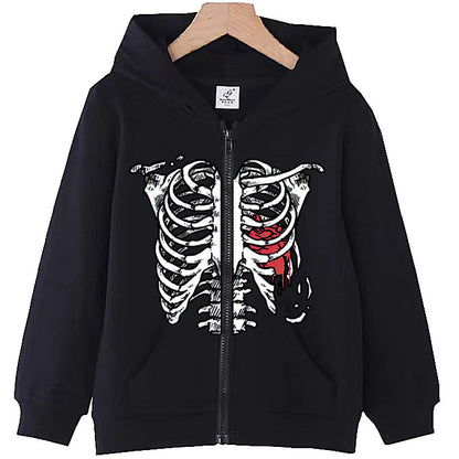 Ribbed Heart Print Zip-Up Casual Loose hoodies